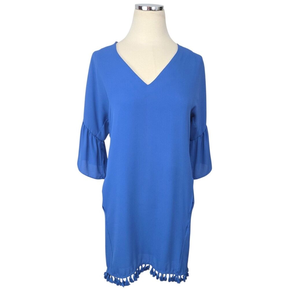 Crosby By Mollie Burch Blue Tassel Fringe Hem Shift Dress Bell Sleeve Womens S